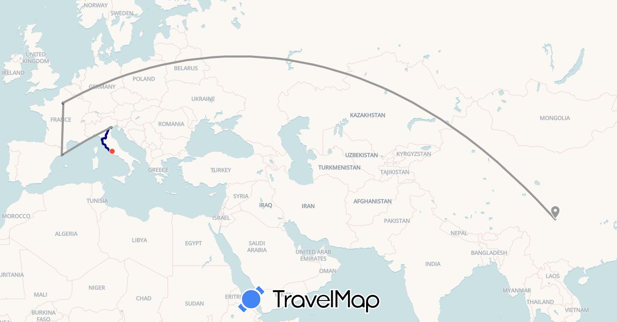 TravelMap itinerary: driving, plane, hiking in China, Spain, France, Italy (Asia, Europe)