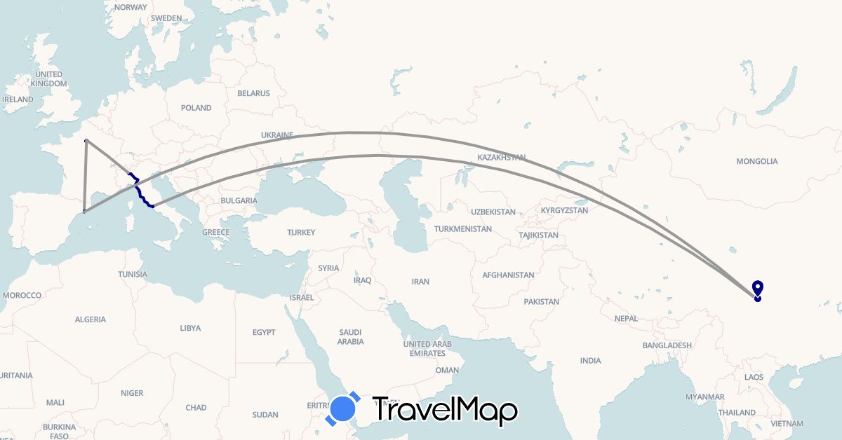 TravelMap itinerary: driving, plane, hiking in China, Spain, France, Italy, Vatican City (Asia, Europe)